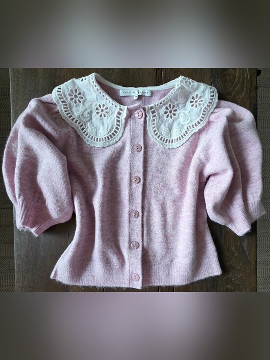 Anthropologie Sweaters - Anthropologie English Factory Puff Sleeve Peter Pan Collar Cardigan Pink Size M
